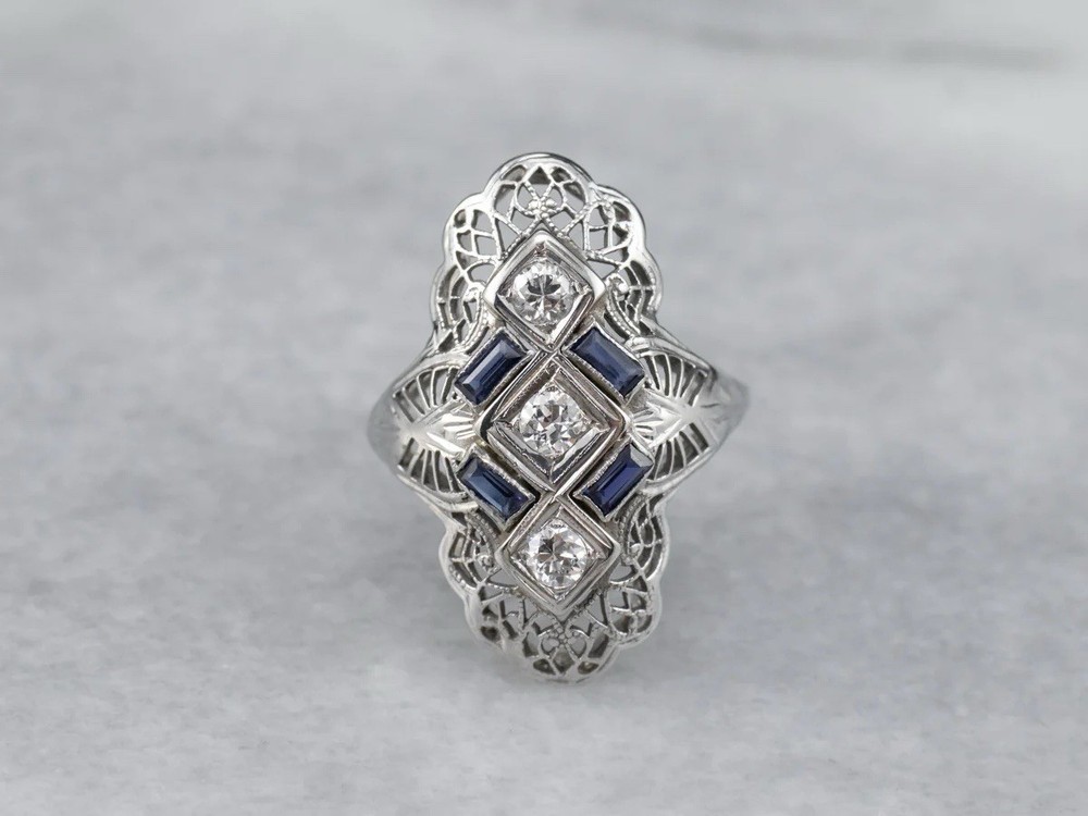 Art Deco Filigree Lab-Created Diamond & Sapphire Ring Vintage Statement Jewelry