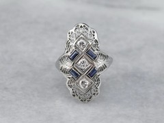 Art Deco Filigree Lab-Created Diamond & Sapphire Ring Vintage Statement Jewelry