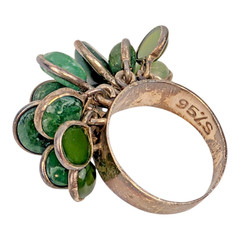 Vintage 95%S Sterling+ Silver Green Stone Rare Dangle Cluster Ring Artisan 1980s