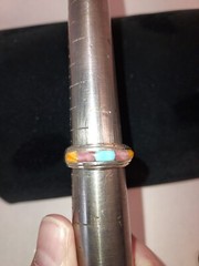 Turquoise & spiny oyster Sterling Wide Inlay BAND Ring Signed I J Navajo Sz 8.5