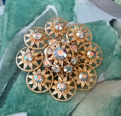 Vintage “Jems by JMS” Jewelry 12K Gold-Filled Aurora Borealis 1.5″ Brooch Pin
