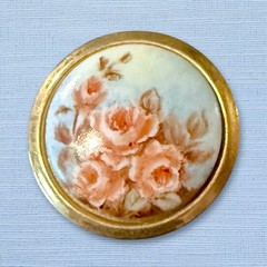 Porcelain Floral Brooch Gold Tone Round Pink Rose Vintage Pin