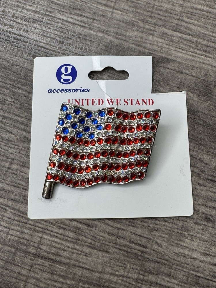 USA Flag Brooch Fourth of July Silver-Tone Red, White, & Blue New on Card VTG