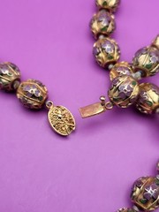 Vintage Chinese Export Round Cloisonne Bead Gold Gilt Necklace Purple Flower 29″