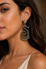 Vintage Antique Gold Seahorse Statement Drop Earrings with Turquoise Crystals