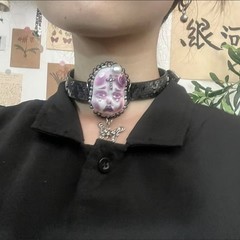 Gothic Crying Doll Head Choker Lace Pearl Butterfly Pendant Necklace