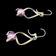 Vintage Modernist Purple Faux Pearl Dangle Earrings Silver Tone Artisan Handmade