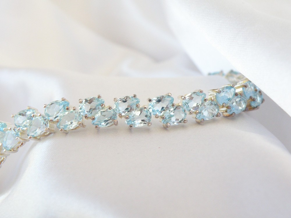 Vintage Sterling Silver 925 Double 2 Row Heated Blue Topaz Tennis Bracelet 7.5″