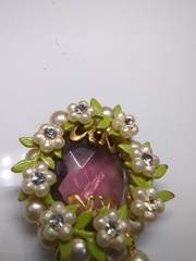 Vintage Wreath Pendant Necklace Delicate Pearl Flowers Amethyst Green Enamel
