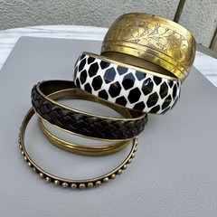 Geometric Brass Bracelet Stack Enamel Bangle Vintage Leather Black White Safari