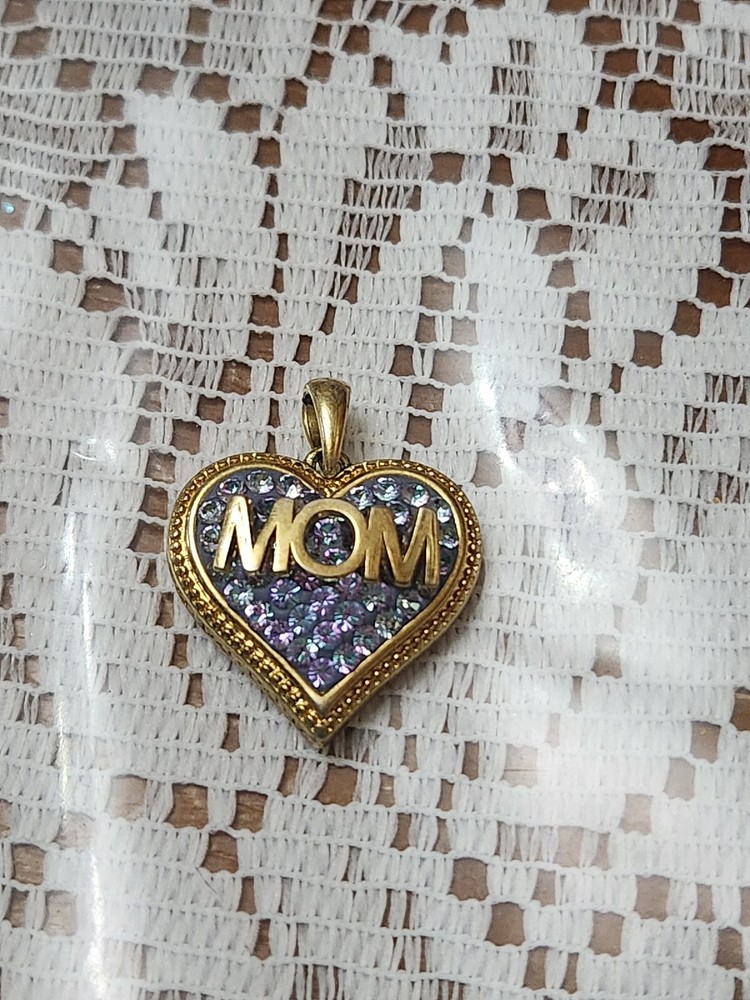 JCM Gold Tone MOM Heart Necklace Pendant with Blue Faux Rhinestones. No Chain