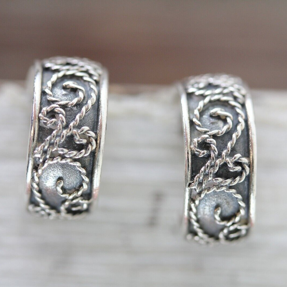 VINTAGE WIRE WORK STERLING SILVER 3/4 HOOP EARRINGS 925 PRETTY HOOPS
