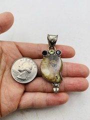 Vintage Sterling Silver 925 Peridot Smoky Topaz Gemstone Ammonite Fossil Pendant