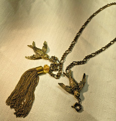 Vintage Swallow Gold-Tone Chatelaine For Sweater or Cloak 29in chain
