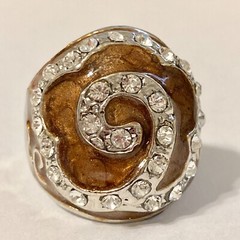 Vintage Brown Enamel Swirl Crystal Cocktail Ring Art Deco Silver Plated Size 8