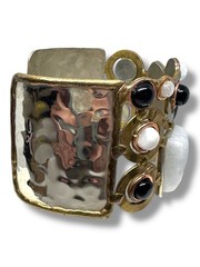 Onyx Cuff Bracelet Big Chunky Mixed Metal Little Village Crafts Modernist NEW