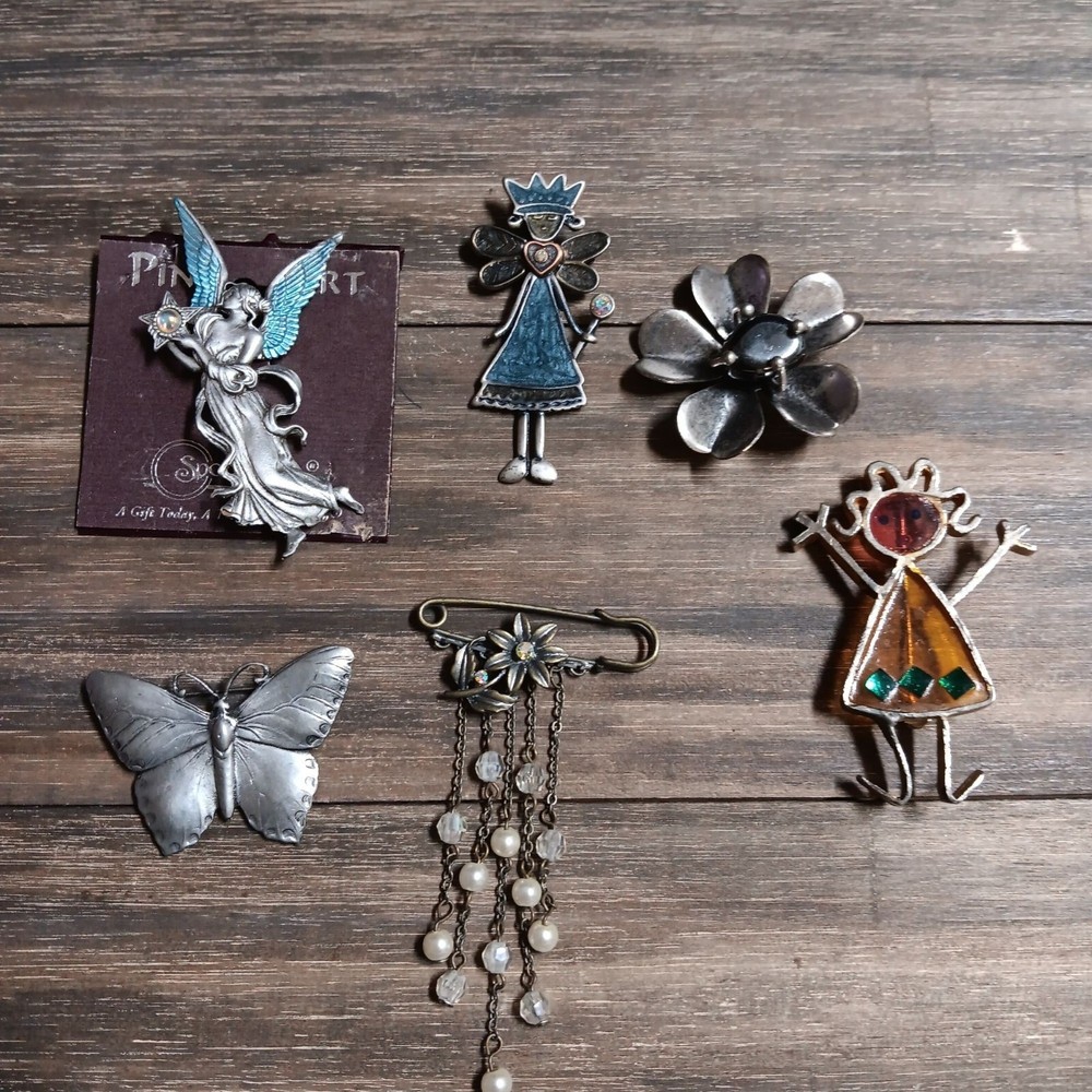 Random Silver-tone & Pewter Brooch Lot Angel Girl Flower Butterfly Fairy Gear