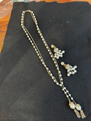 Vintage Gold Tone Faux Pearl Tassel Necklace Cluster Clip Earrings Set