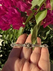 Antique Edwardian Silver Tone Large Stickpin Brooch Pin Etched Ornate Crystals