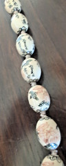 Vintage Asian Calligraphy and Floral Motif Oval Porcelain Bead Necklace 28 inch