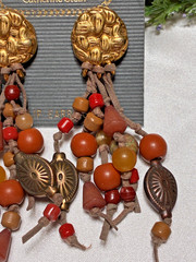 Vintage Catherine Stein Semiprecious Stone Beaded Leather Clip Back Earrings