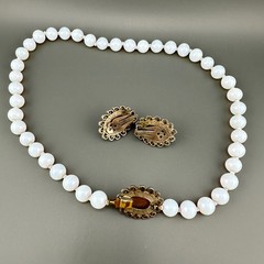 Vintage Opalite Necklace Earrings Set Silver Tone Scalloped Filigree Box Clasp