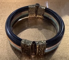 Vintage MCM Lucite Hinged Bangle Bracelet Black Turquoise Stripe Retro Mod
