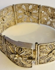 Antique Victorian 7 Panel Bracelet 800 Silver 1.4 Oz Floral Filigree Box Clasp