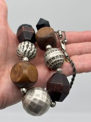 Vintage Boho-Style Necklace Chunky Wood Black Acrylic Silver-Tone Textured Beads