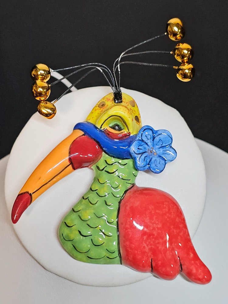 Big Vtg Signed Painted Ceramic Bird Brooch