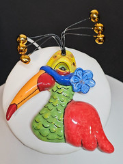 Big Vtg Signed Painted Ceramic Bird Brooch