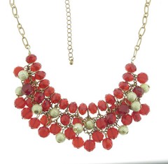 Vintage Red Crystal Glass Bead Dangle Necklace Gold Tone
