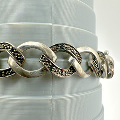 Vtg Alternating Sterling Silver & Marcasite Link Bracelet ~7” 15.7g 9mm Box Lock