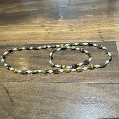 Tiger’s Eye Square Beaded Strand w/ White Pearl Beads, Gold Spacers Set