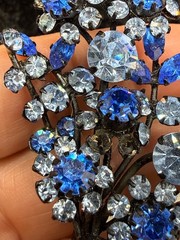 Vintage Austria Rhinestone Flower Brooch Blue Black Enamel READ