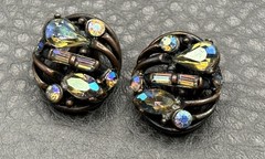 Vintage HOLLYCRAFT Aurora Borealis Crystal Rhinestone Clip-On Earrings Japanned