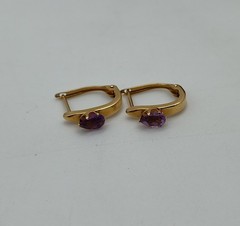 Vtg Hoop Amethyst Teardrop Stone 14k Solid Yellow Gold Post Earrings Dangle Drop
