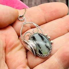 Sterling Silver Old Pawn 925 Necklace Pendant Southwest Moss Agate Oval Leaf 24″