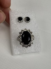 SET Vintage Avon Cubic Zirconia Onyx Stud EARRINGS Glamour RING Size 8.5