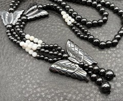 Vintage Butterfly Hematite and Mother of Pearl MOP Beaded Tassel Opera Long 32″