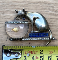 1940s Anthony Aquilino Sterling Silver Cat Fishing Fish Bowl Jelly Belly Brooch