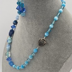 Vintage Venetian Mixed Lampwork Blue Glass Beaded Necklace W/ Matching Earrings