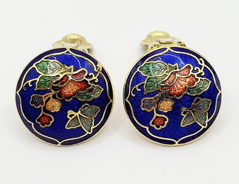 Cloisonné Small Butterfly & Flowers Round Blue Enamel Gold Tone Clip On Earrings