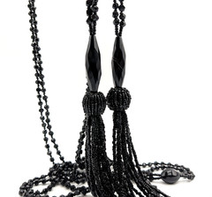 Antique Art Deco French Jet Black Glass Sautoir Open End Tassel Flapper Necklace