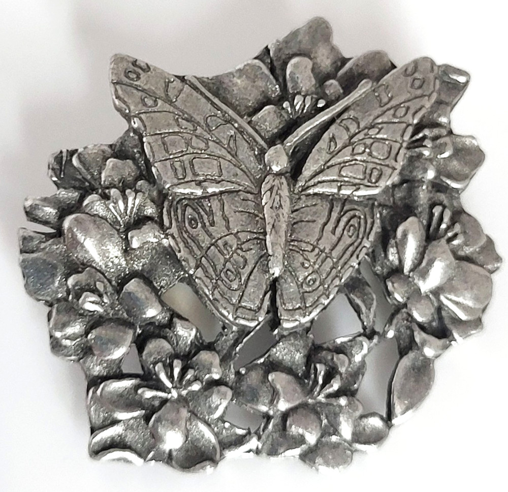 Vintage 1998 Birds & Blooms Pewter Butterfly & Flower Brooch Pin