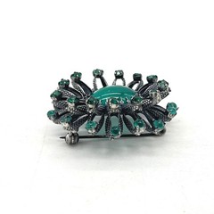 Vintage Austria Green Rhinestone Cabochon Sunburst Brooch Gunmetal Tone 1.5in