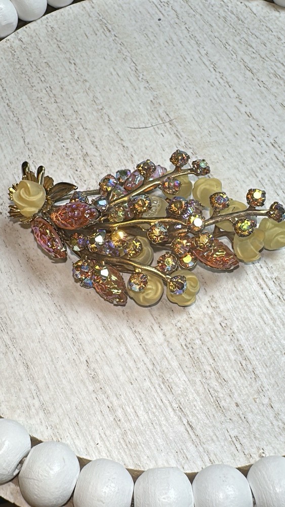 Rare Beau Jewels Unsigned AB Floral Spray 3.25”Lx 1.5” W Brooch