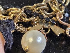 VINTAGE BETSEY JOHNSON PINK CORSET ENAMEL FINISH DANGLING CHARMS FAUX PEARLS…