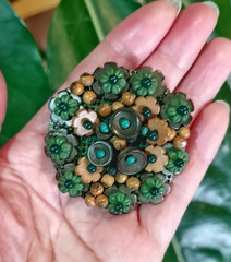 Vintage Signed Czech Wired Wooden Glass Flower Beads Brooch Earthy Tone