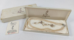 Vintage LAGUNA FAUX PEARL Necklace & Earring Set in Silver Tone
